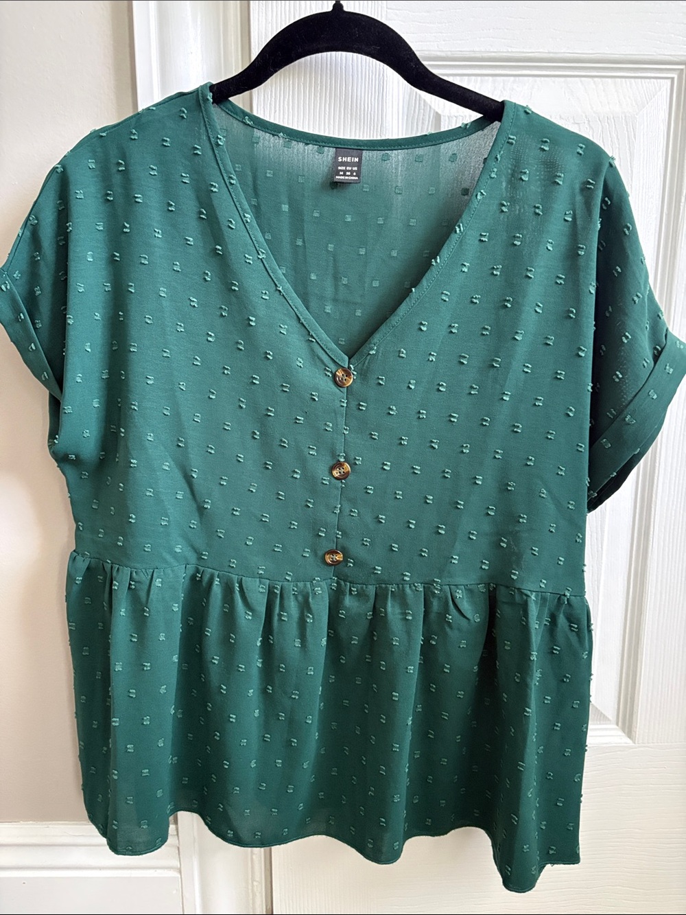 SHEIN Emerald Green V-Neck Peplum Button Blouse